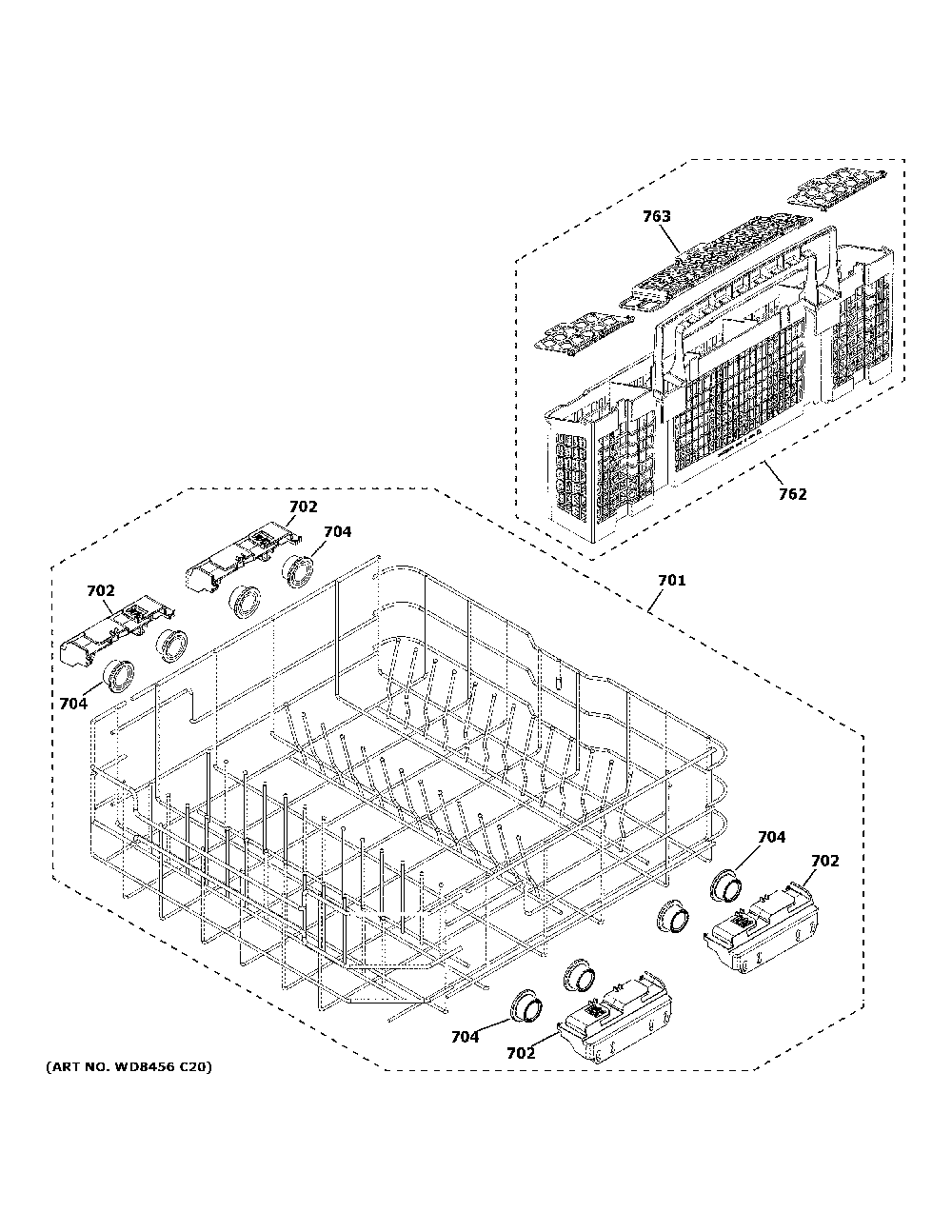 Lower Rack Assembly Diagram and Parts List for GDT550PGR0WW  General Electric Dishwasher