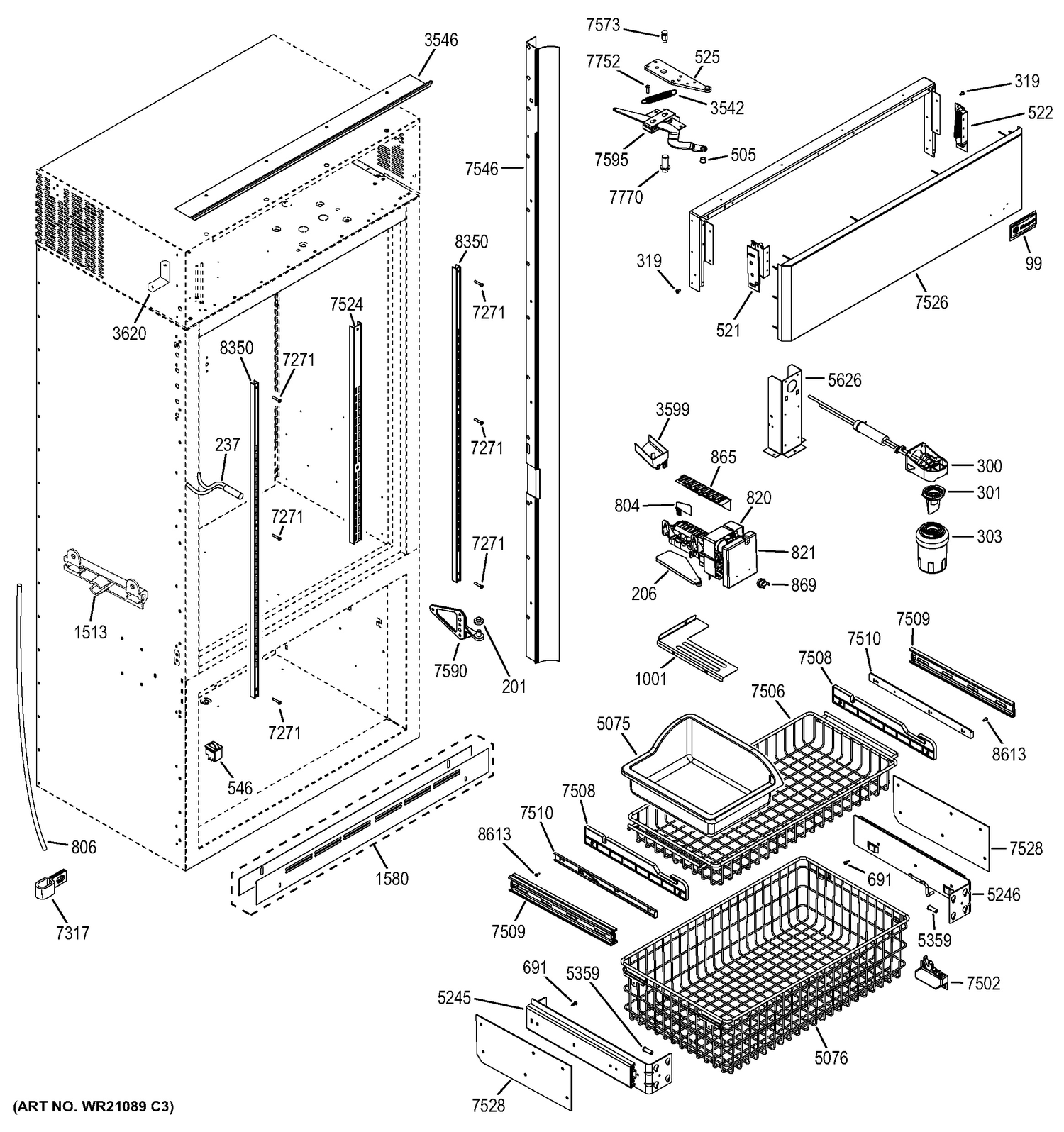 FREEZER SECTION, TRIM & COMPONENTS Diagram and Parts List for ZICS360NXDLH  General Electric Refrigerator