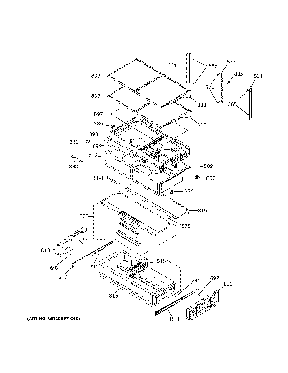 Fresh food shelves Diagram and Parts List for GWE23GYNBFS  General Electric Refrigerator
