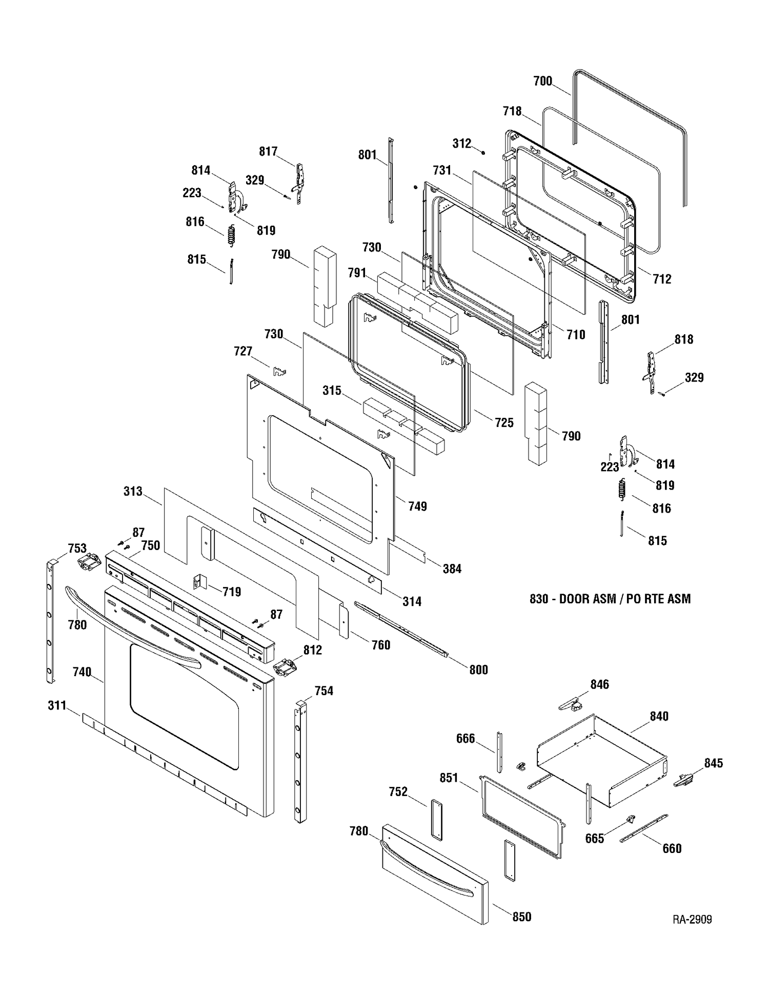 DOOR & DRAWER Diagram and Parts List for JCBP80SP1SS  General Electric Range