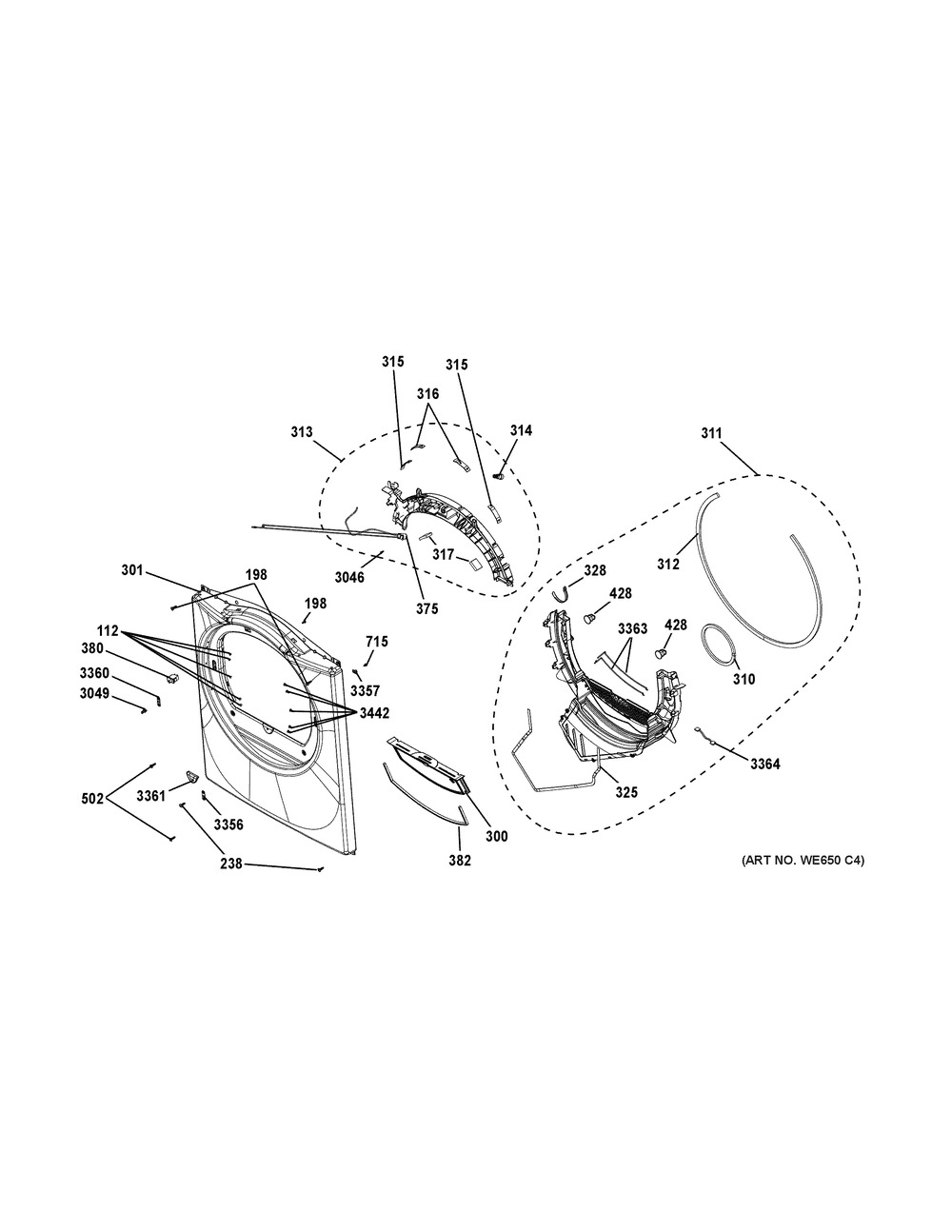Front Panel Diagram and Parts List for GFD40GSCM0WW  General Electric Dryer