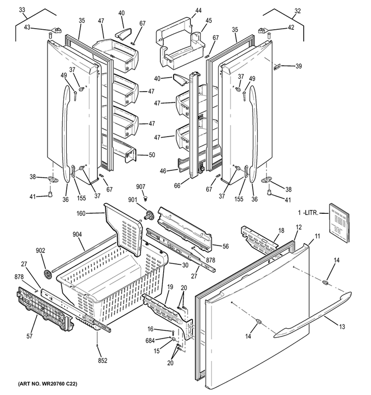 Doors Diagram and Parts List for PFCF1NFCBWW  General Electric Refrigerator