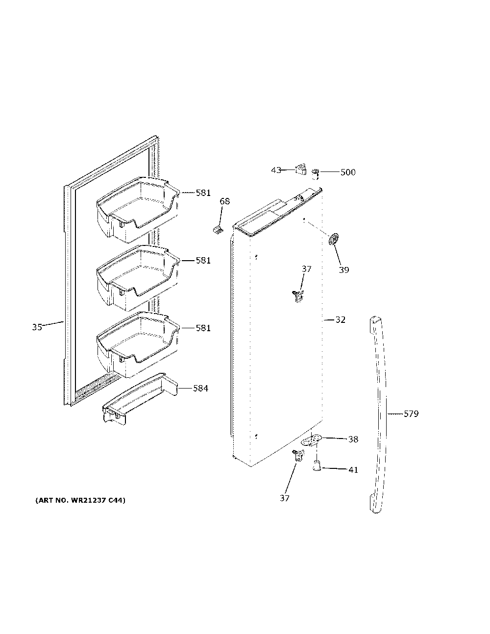 Fresh food door - rh Diagram and Parts List for GWE19JGLNFBB  General Electric Refrigerator