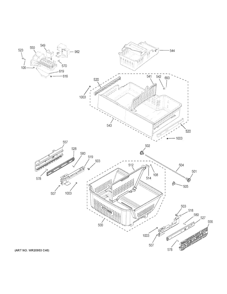 Freezer Shelves Diagram and Parts List for ZWE23ESHMSS  General Electric Refrigerator