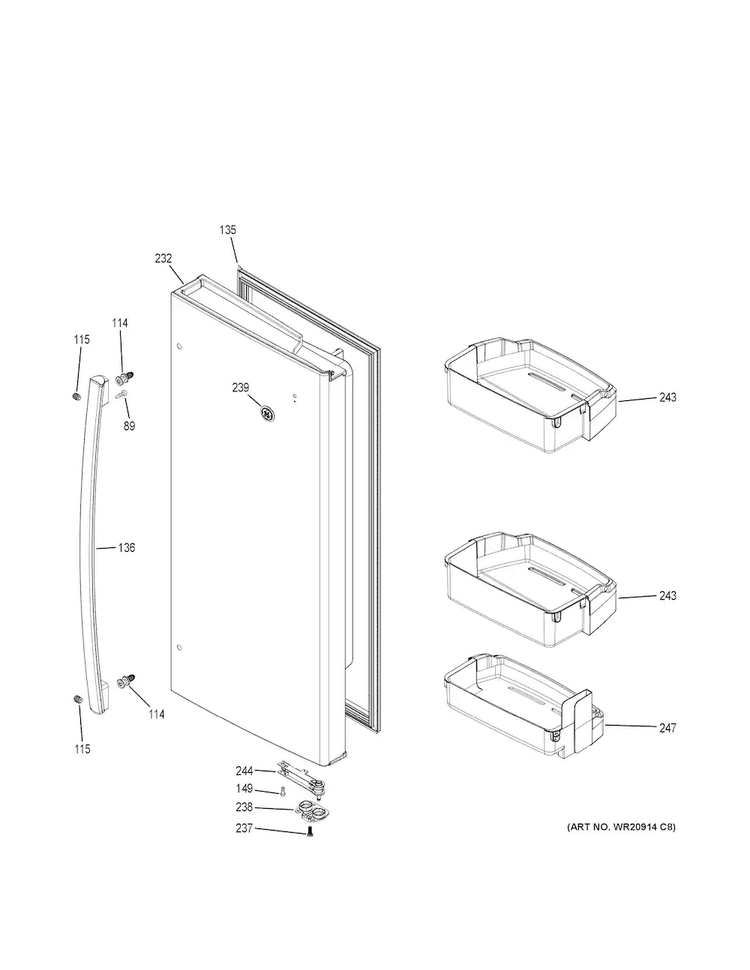 Fresh Food Door - Rh Diagram and Parts List for GFE26GGKEWW  General Electric Refrigerator