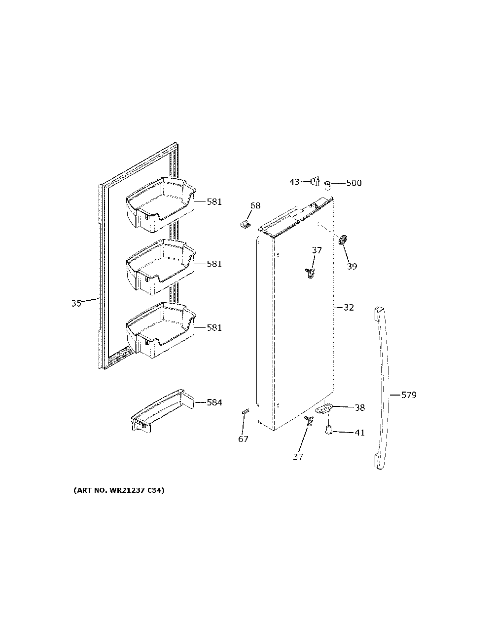 Fresh food door - rh Diagram and Parts List for GFE24JMKNFES  General Electric Refrigerator