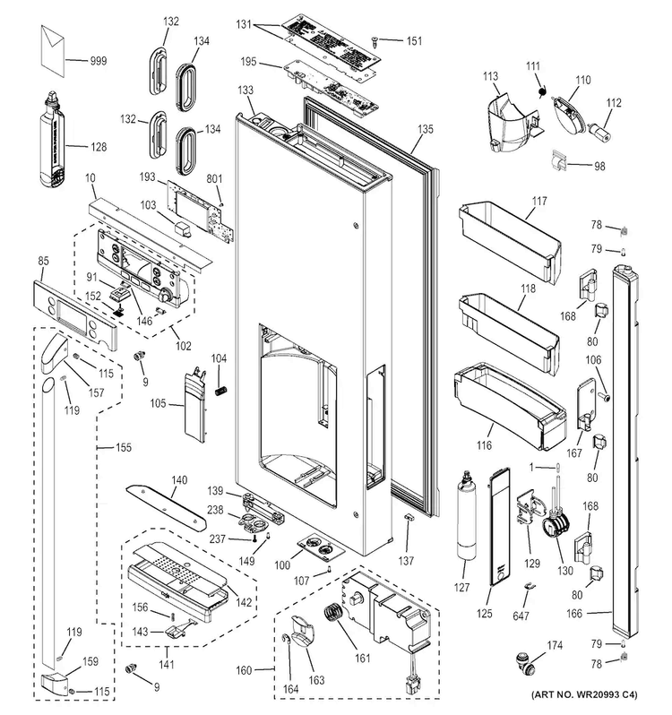 Dispenser Door Diagram and Parts List for CYE23TSDESS  General Electric Refrigerator