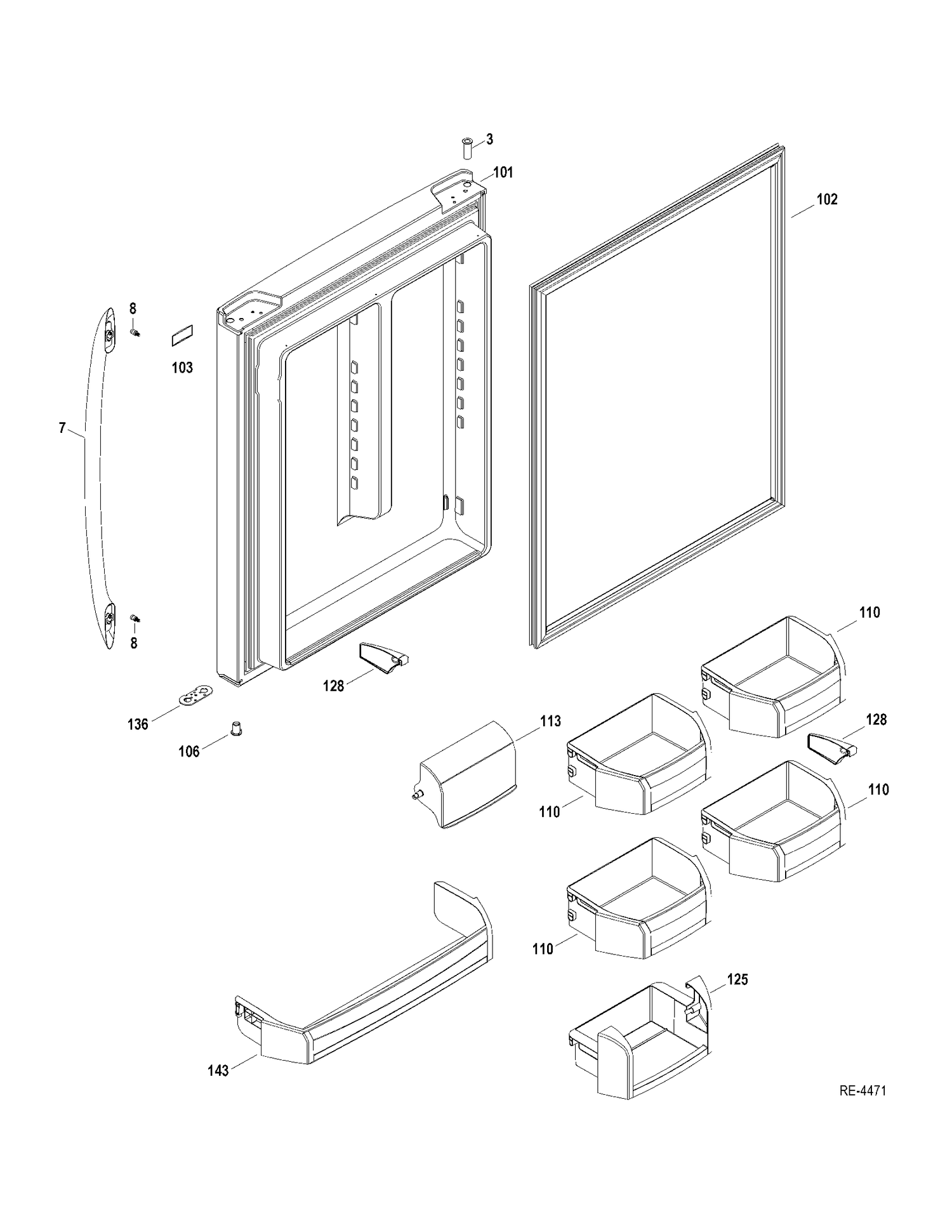FF DOOR Diagram and Parts List for PDRS0MBYELSS  General Electric Refrigerator
