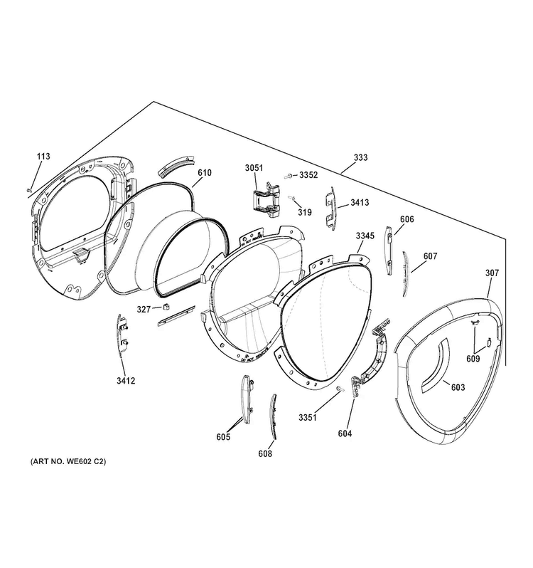 Door Diagram and Parts List for PFDS450EL2WW  General Electric Dryer