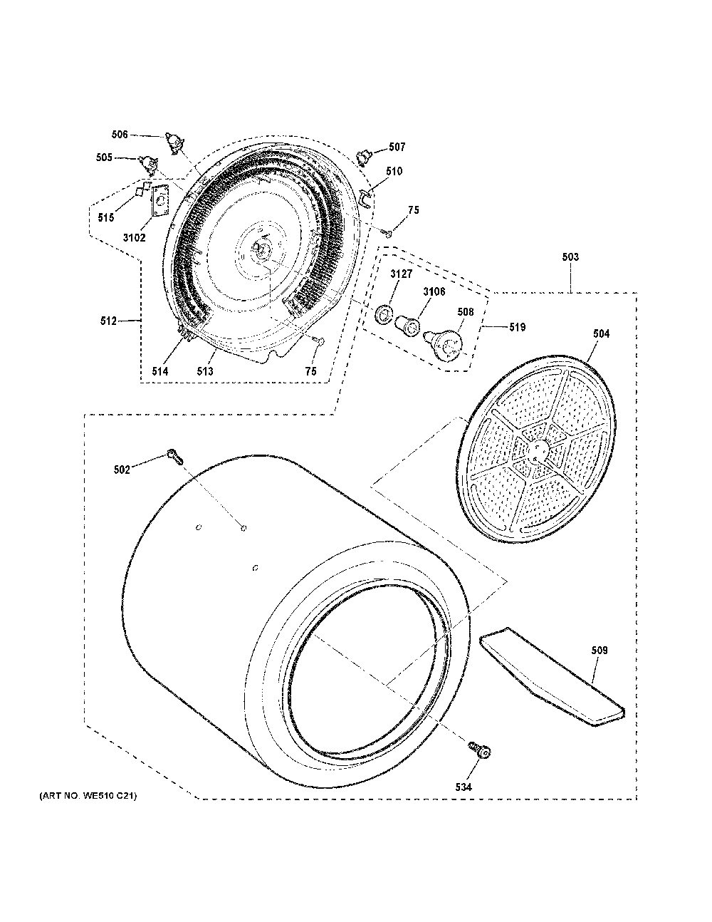 Drum Diagram and Parts List for GTD84ECPN1DG  General Electric Dryer