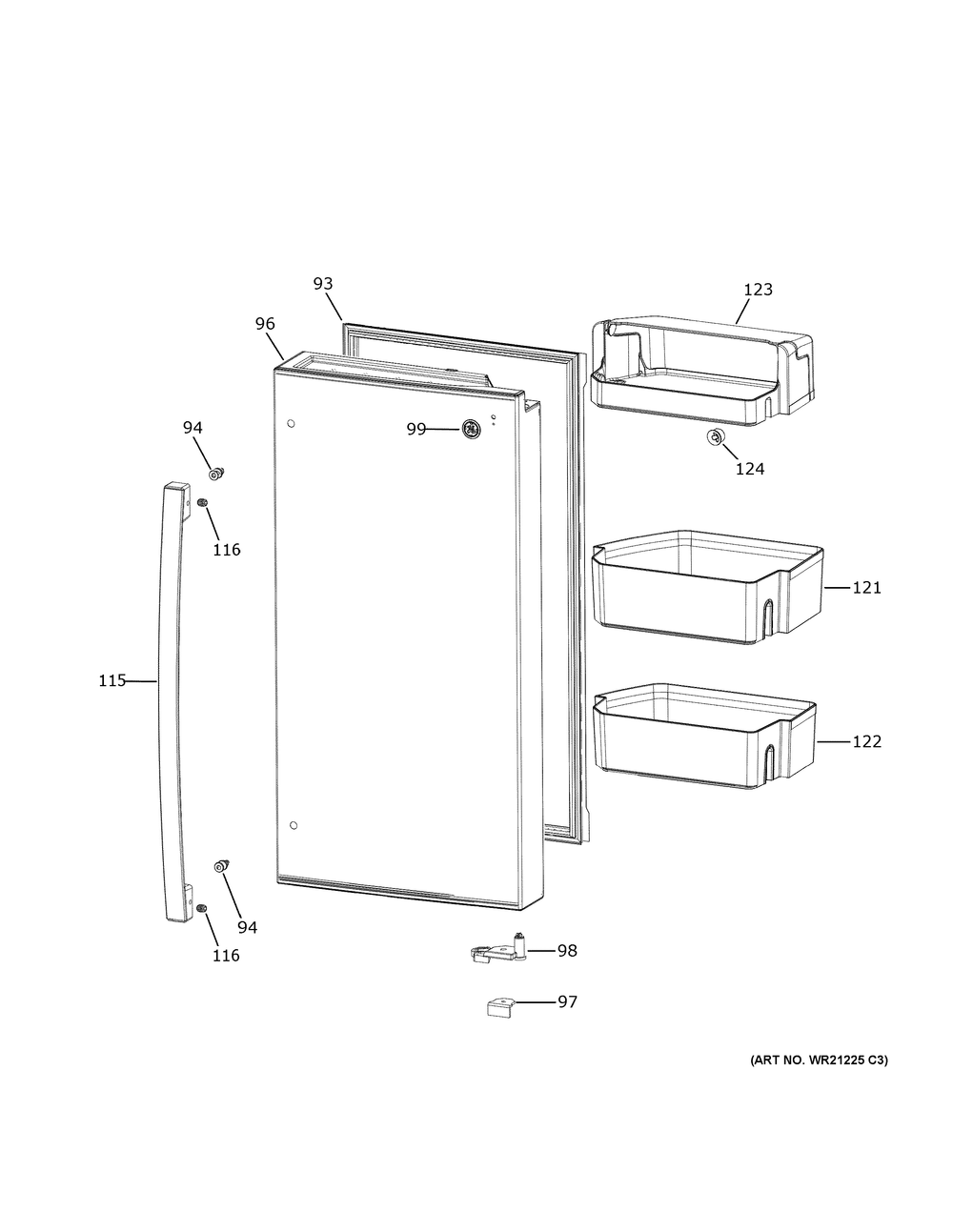 Refrigerator Door - Rh Diagram and Parts List for PGE29BYTCFS  General Electric Refrigerator