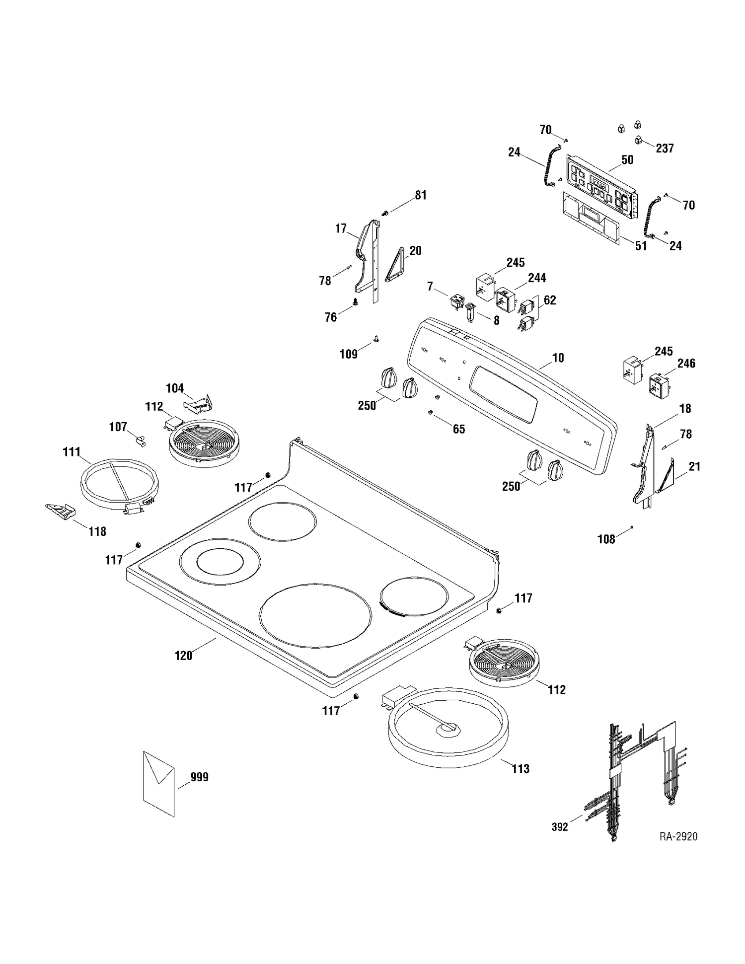CONTROLS & COOKTOP Diagram and Parts List for JCBP67DP1BB  General Electric Range