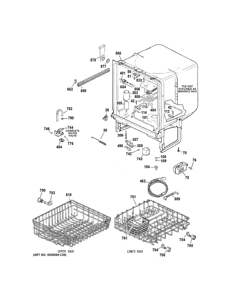 Body Parts Diagram and Parts List for HDA2100H45CC  Hotpoint Dishwasher