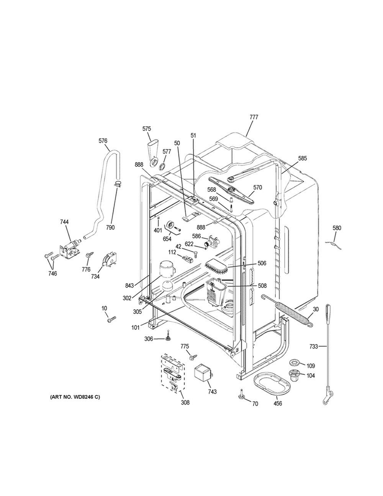 Body Parts Diagram and Parts List for GLD5900N10WW  General Electric Dishwasher