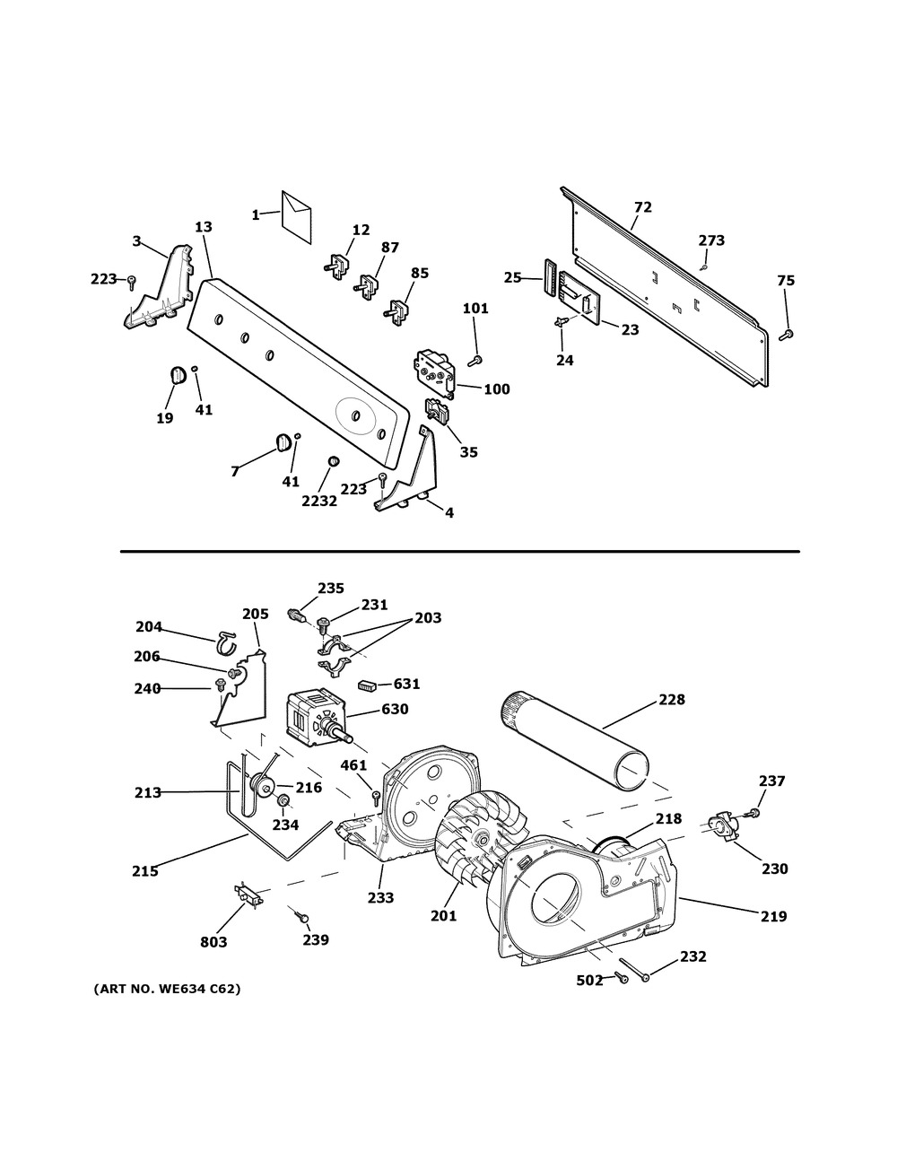 Backsplash, Blower & Motor Assembly Diagram and Parts List for GTDP490ED4WS  General Electric Dryer
