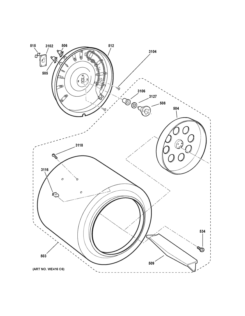 Drum Diagram and Parts List for DSKP333EC7WW  General Electric Dryer