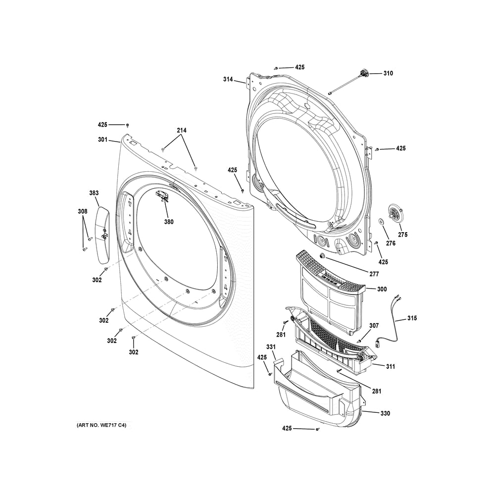 Front Panel 1 Diagram and Parts List for GFD55ESMN3WW  General Electric Dryer
