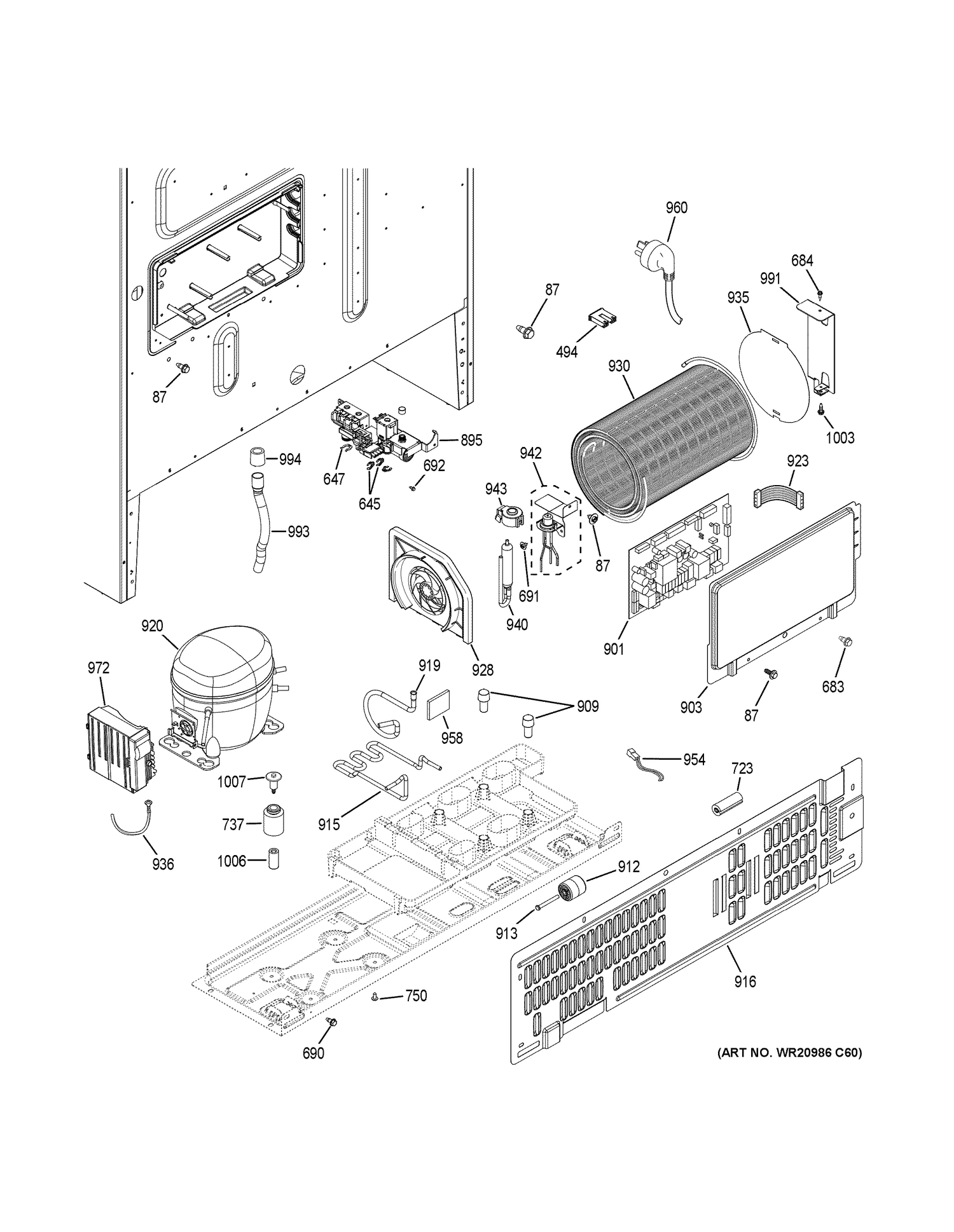 MACHINE COMPARTMENT Diagram and Parts List for PWE23KSDGSS  General Electric Refrigerator