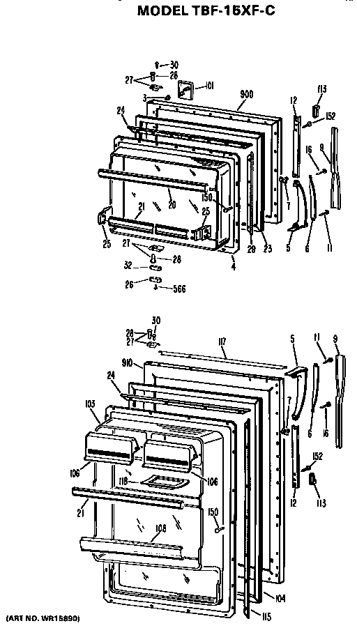 Doors Diagram and Parts List for TBF15XFC  General Electric Refrigerator