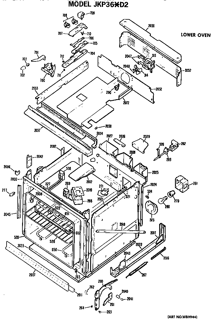 Lower Oven Diagram and Parts List for JKP36*D2  General Electric Microwave Oven Combo