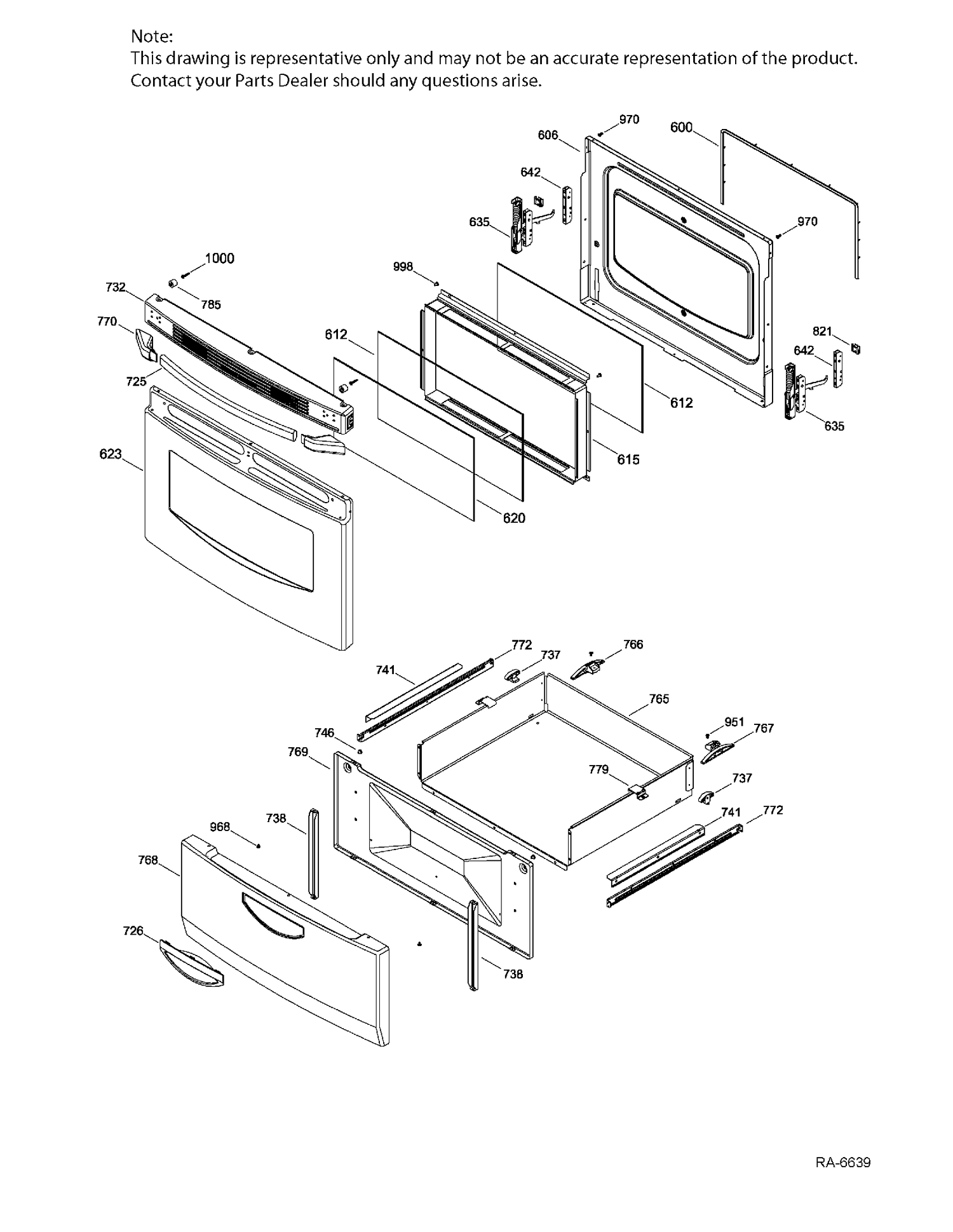 DOOR & DRAWER Diagram and Parts List for JCAS724H3WW  General Electric Range