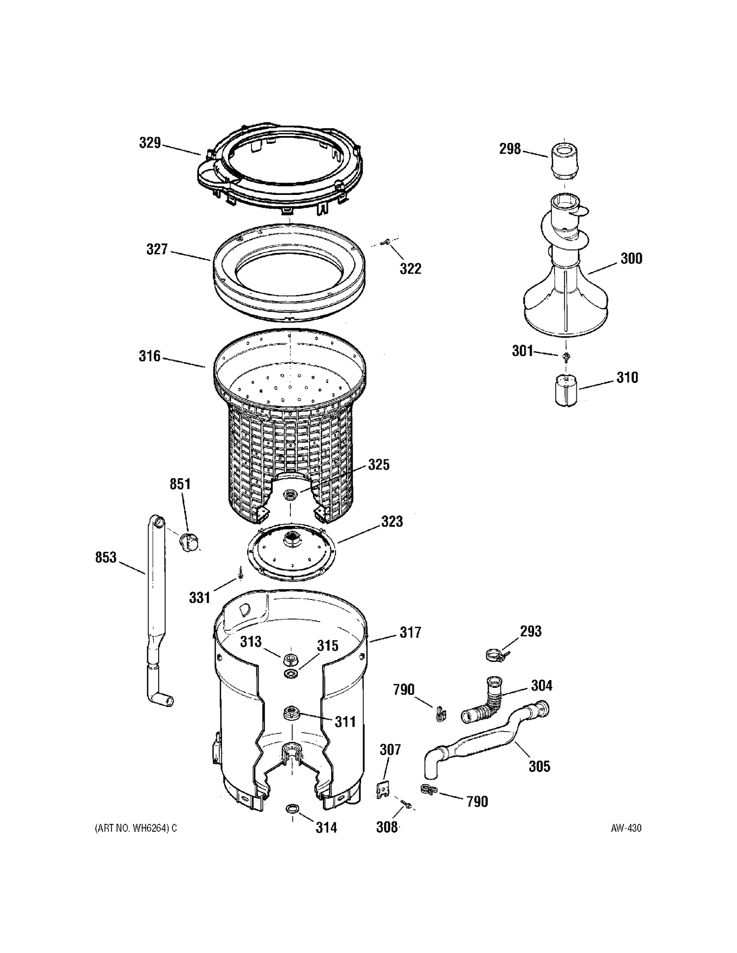 TUB, BASKET & AGITATOR Diagram and Parts List for 57051A0WW  General Electric Washer