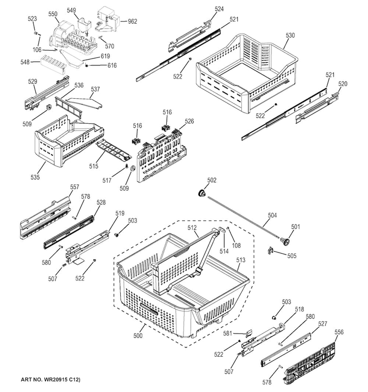 Freezer Shelves Diagram and Parts List for GFE29HSDHSS  General Electric Refrigerator