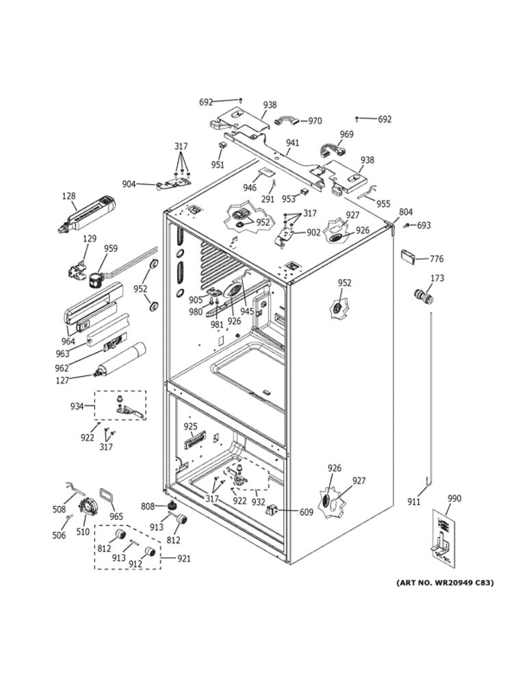 Case Parts Diagram and Parts List for GYE22GENBDS  General Electric Refrigerator