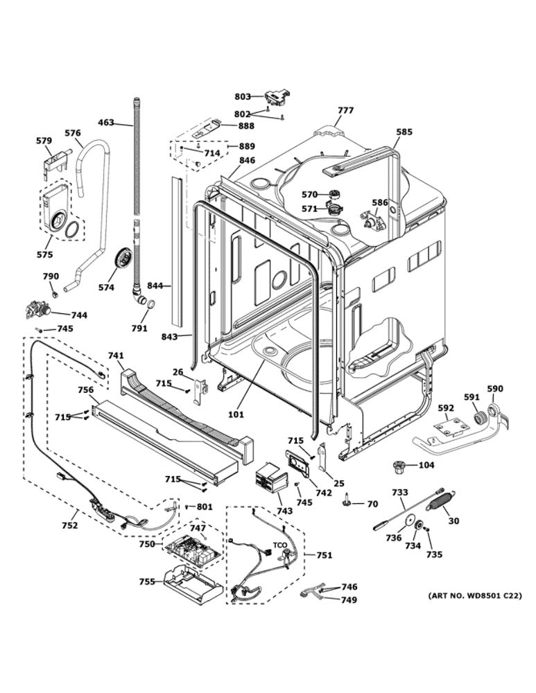 Body Parts 1 Diagram and Parts List for DDT700SGN3WW  General Electric Dishwasher