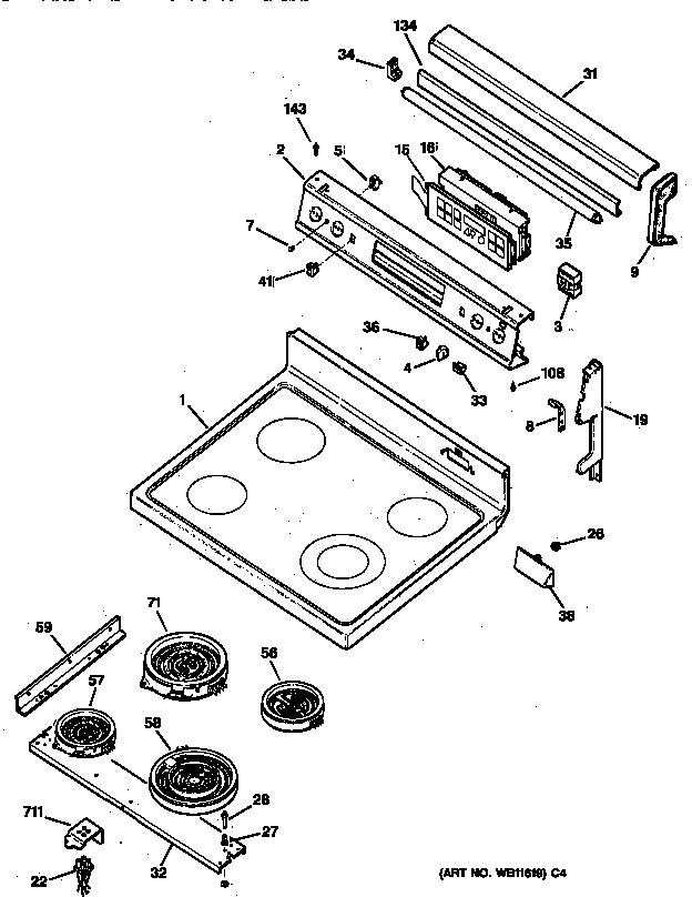 Cooktop & Control Panel Diagram and Parts List for JBP95WW1  General Electric Range