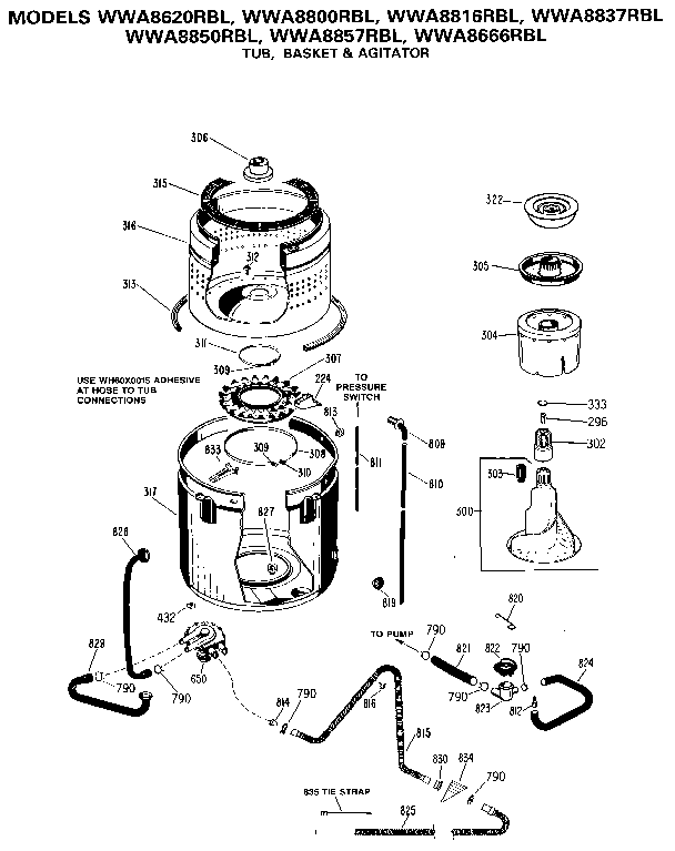 Tub, Basket & Agitator Diagram and Parts List for WWA8666RBL  General Electric Washer