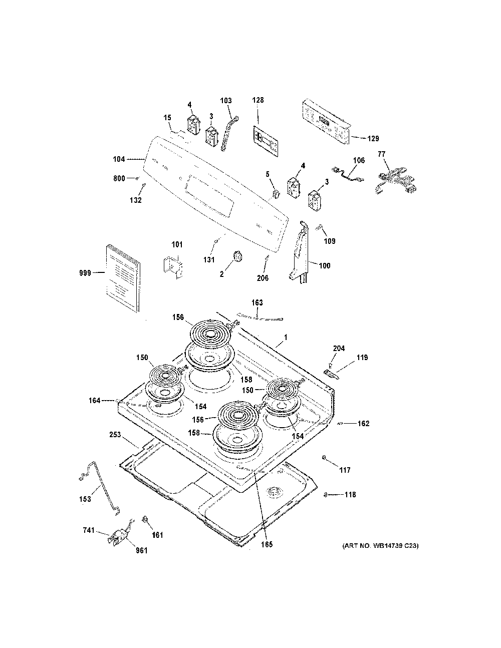 Control Panel And Cooktop Diagram and Parts List for JB256RT1SS  General Electric Range