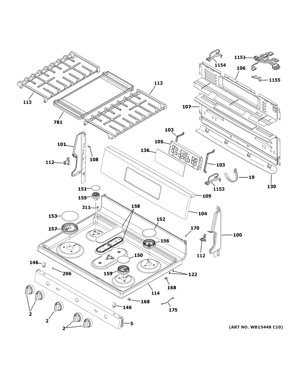 Control Panel And Cooktop Diagram and Parts List for JGB660YP1FS  General Electric Range