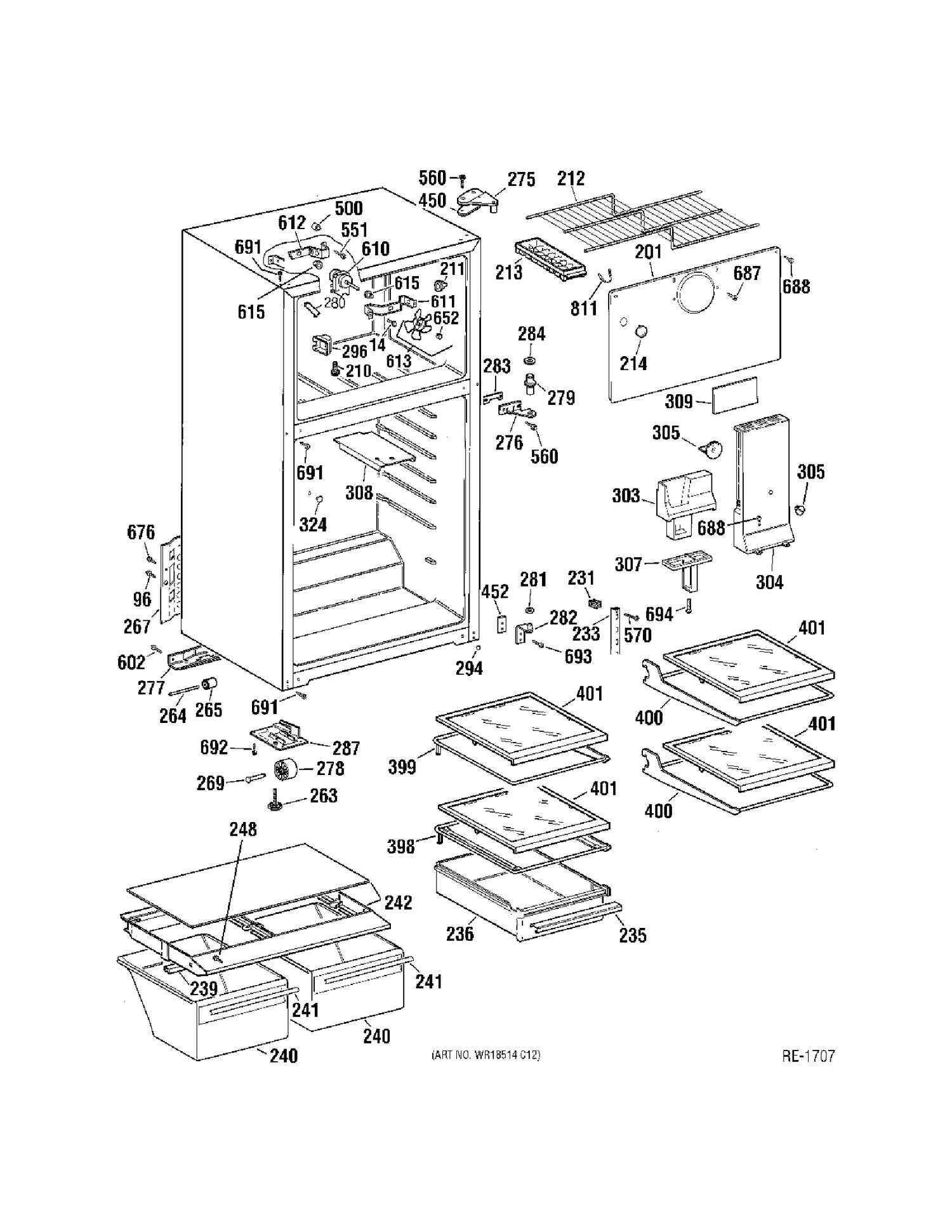 CABINET Diagram and Parts List for KTS18KBMERWW  General Electric Refrigerator