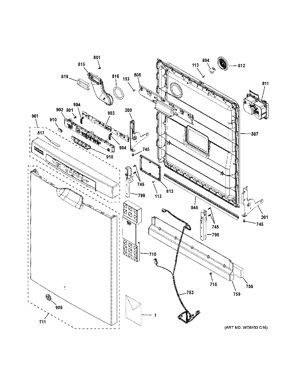 Escutcheon & door assembly Diagram and Parts List for GDF530PGM3WW  General Electric Dishwasher