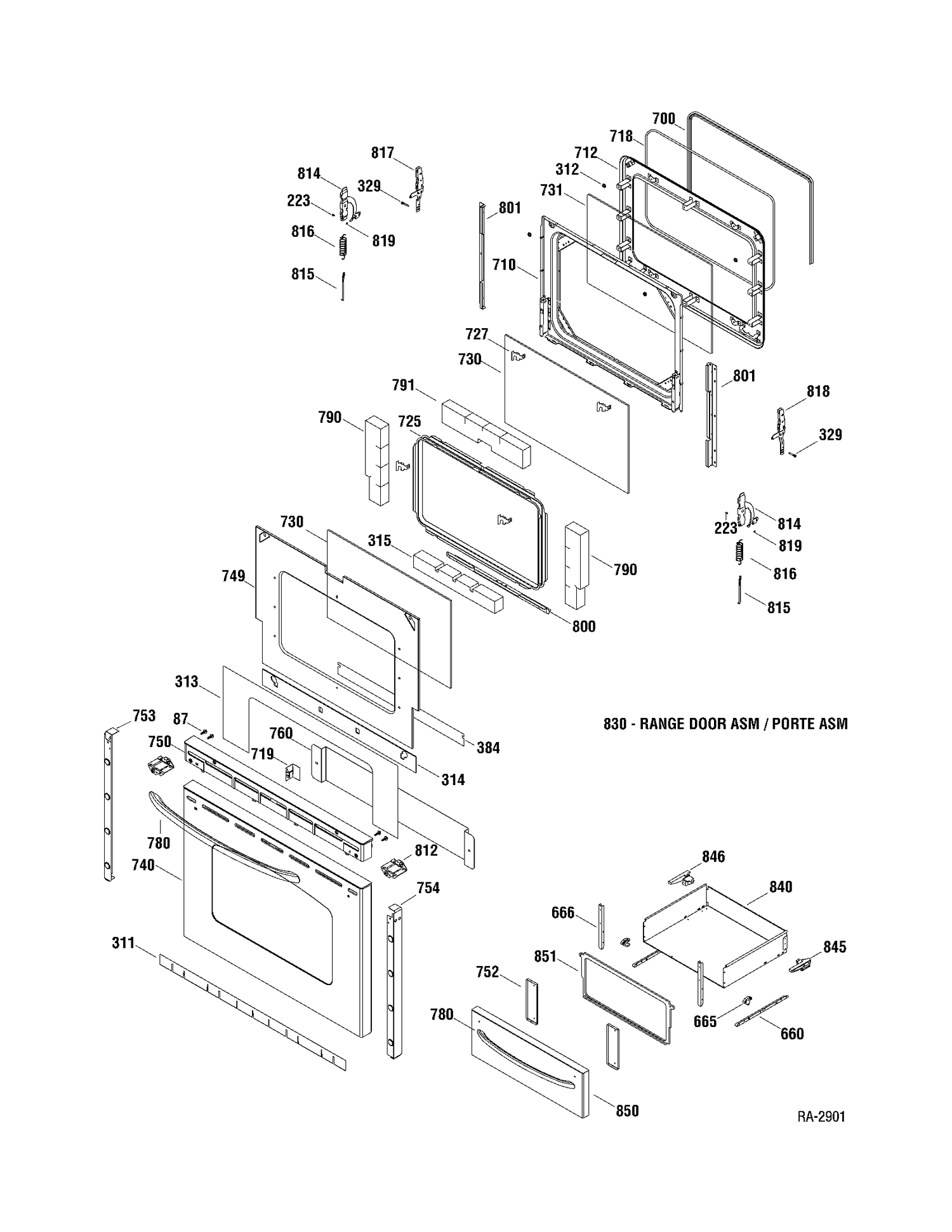 DOOR & DRAWER Diagram and Parts List for JCBP78SP1SS  General Electric Range