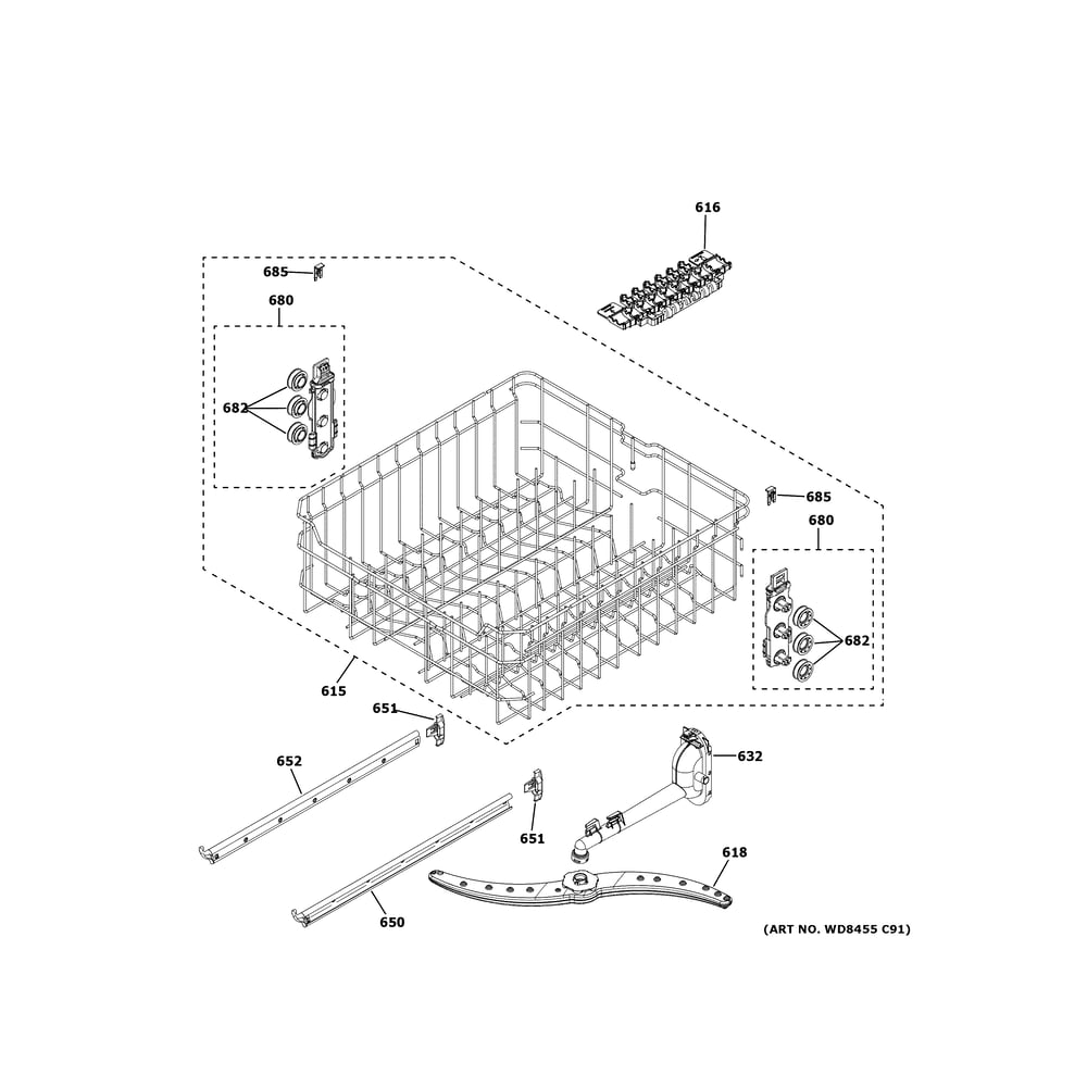 Upper Rack Assembly Diagram and Parts List for GDT585HYY0FS  General Electric Dishwasher