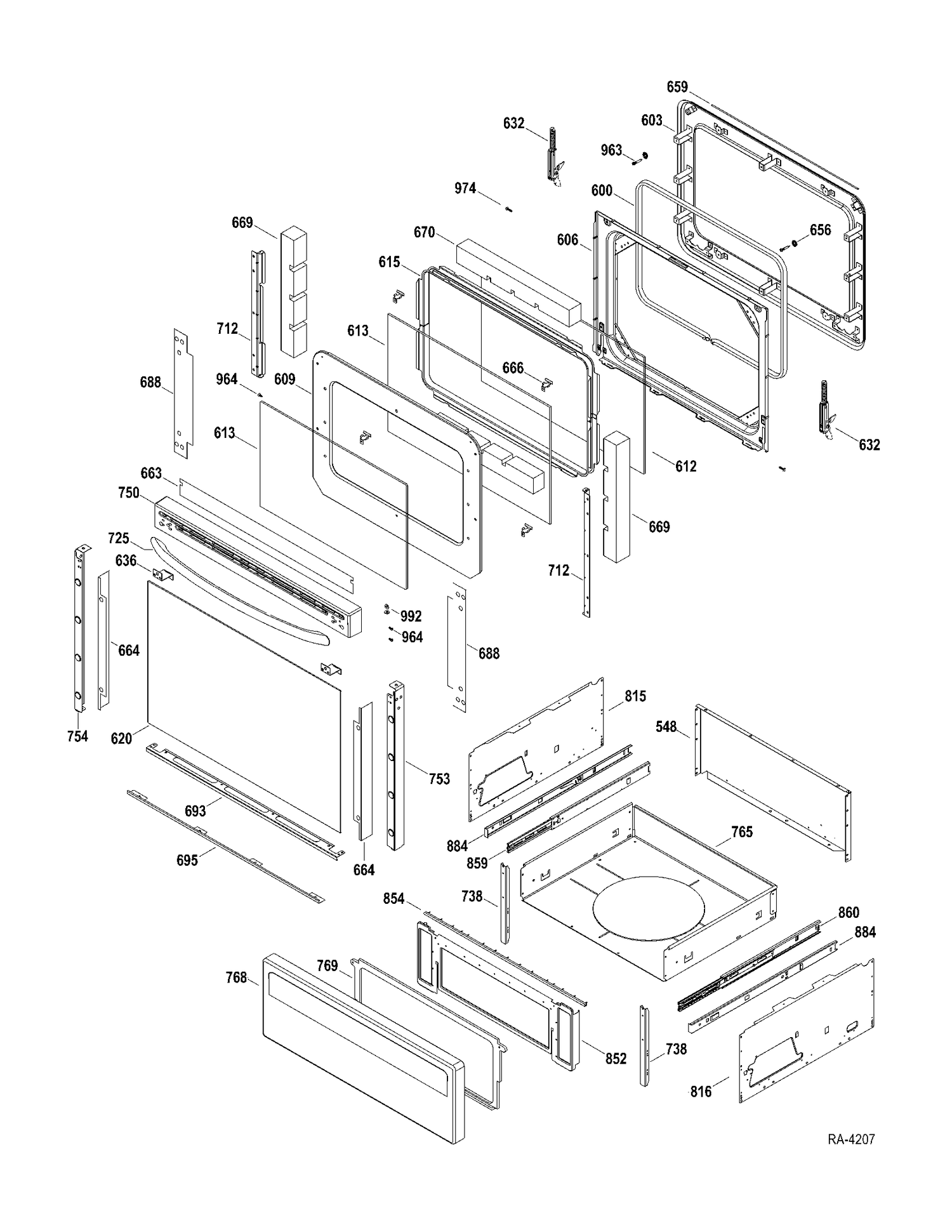 DOOR-DRAWER Diagram and Parts List for JCBP840DT1BB  General Electric Range