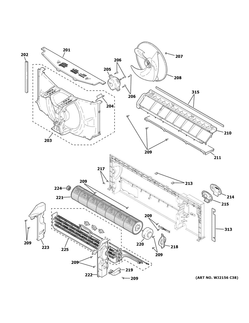 Motor & Chassis Parts Diagram and Parts List for AZ45E09DBMW5  General Electric Air Conditioner