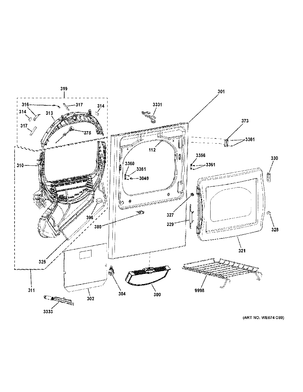 Front Panel And Door Diagram and Parts List for PTD60GBSR1WS  General Electric Dryer