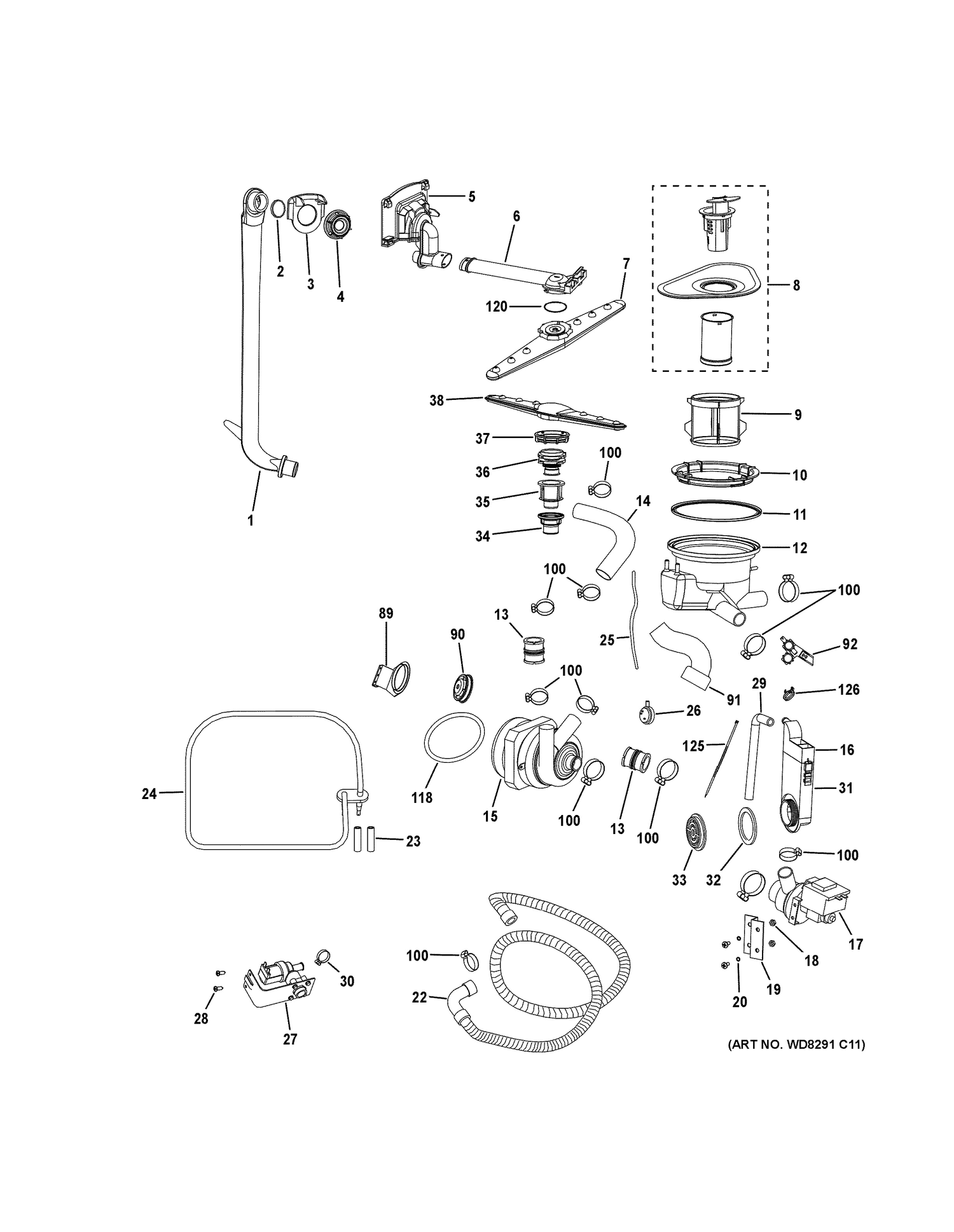 MOTOR-PUMP MECHANISM Diagram and Parts List for PDW1800K01WW  General Electric Dishwasher