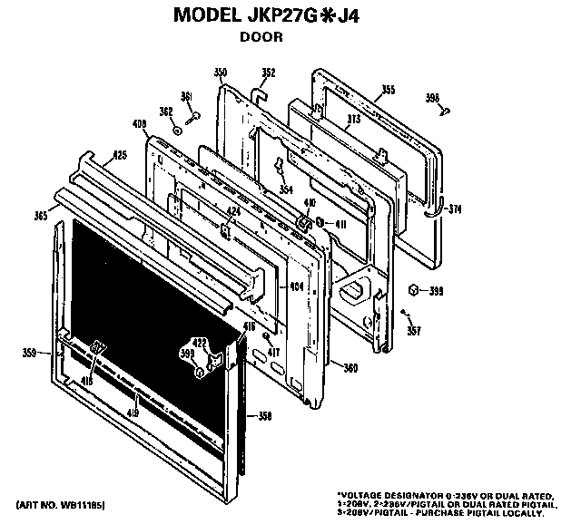 Door Diagram and Parts List for JKP27GJ4  General Electric Wall Oven