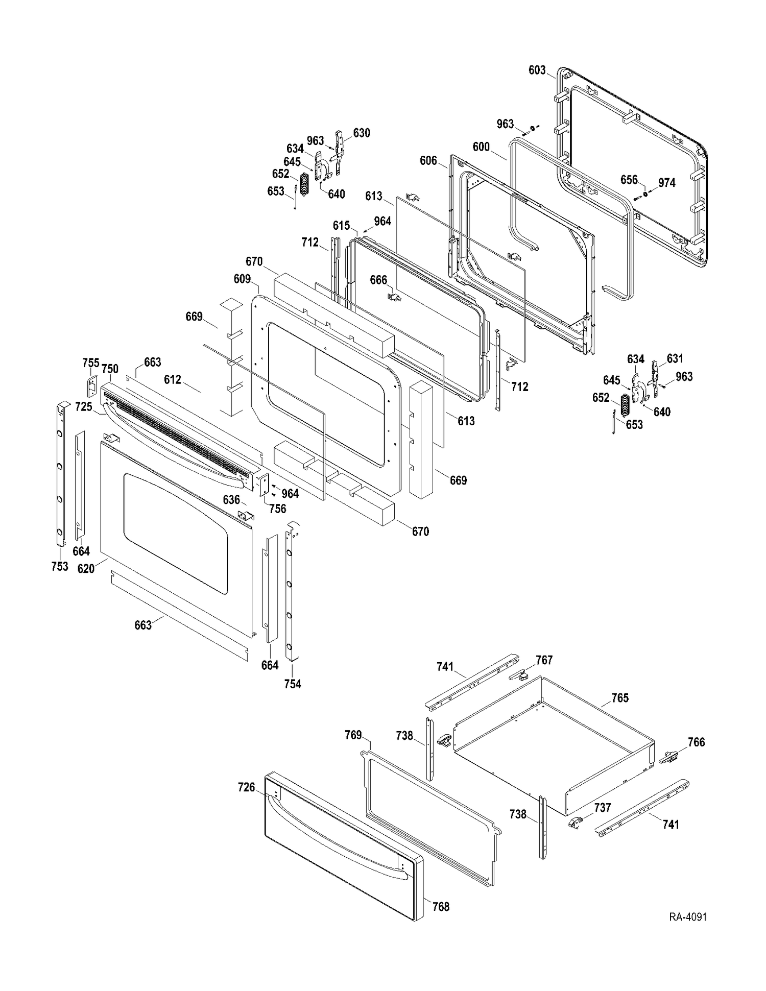 DOOR-DRAWER Diagram and Parts List for JCBP61SP3SS  General Electric Range