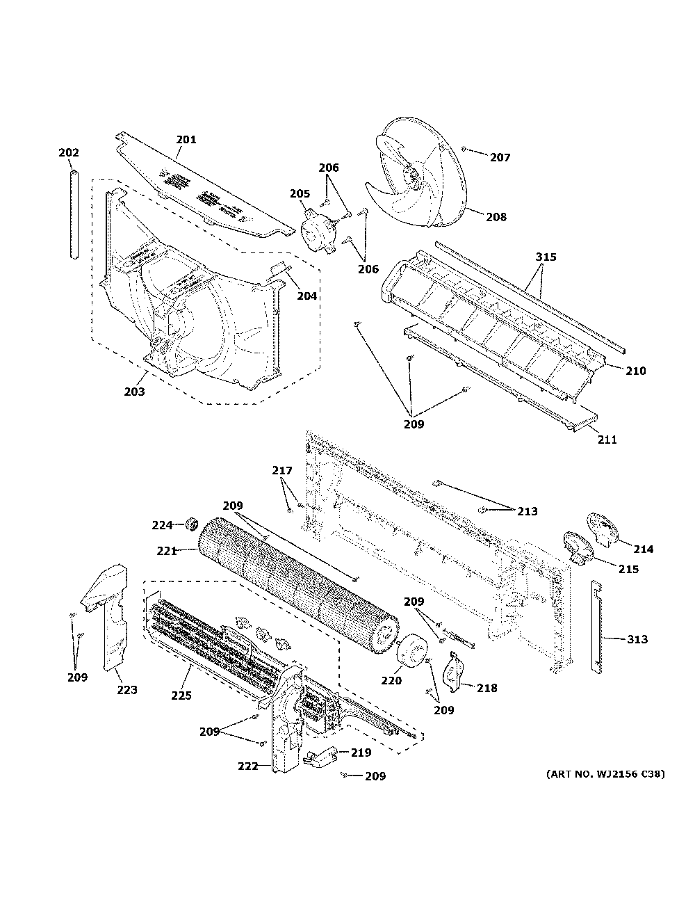 Motor And Chassis Parts Diagram and Parts List for AZ45E12DBMW7  General Electric Air Conditioner
