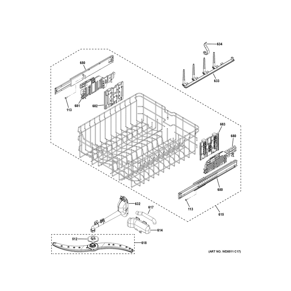 Upper Rack Assembly Diagram and Parts List for GDT670SYV3FS  General Electric Dishwasher