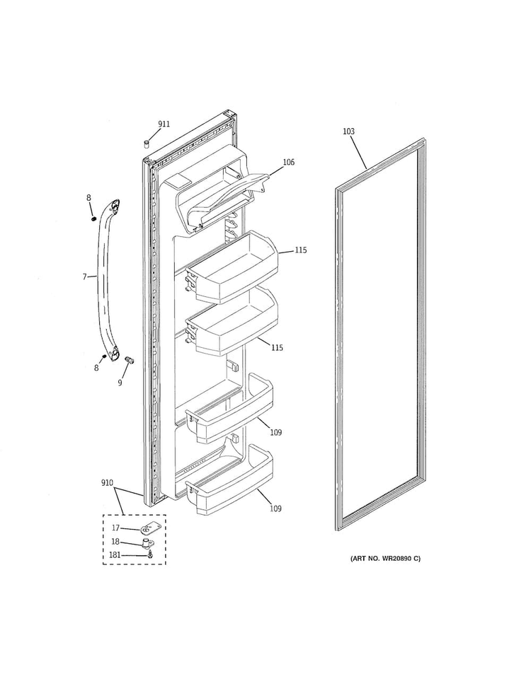 Fresh Food Door Diagram and Parts List for GSH25JGDDWW  General Electric Refrigerator
