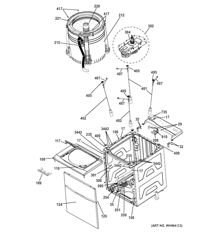 Cabinet Diagram and Parts List for GTUN275EM2WW  General Electric Washer Dryer Combo