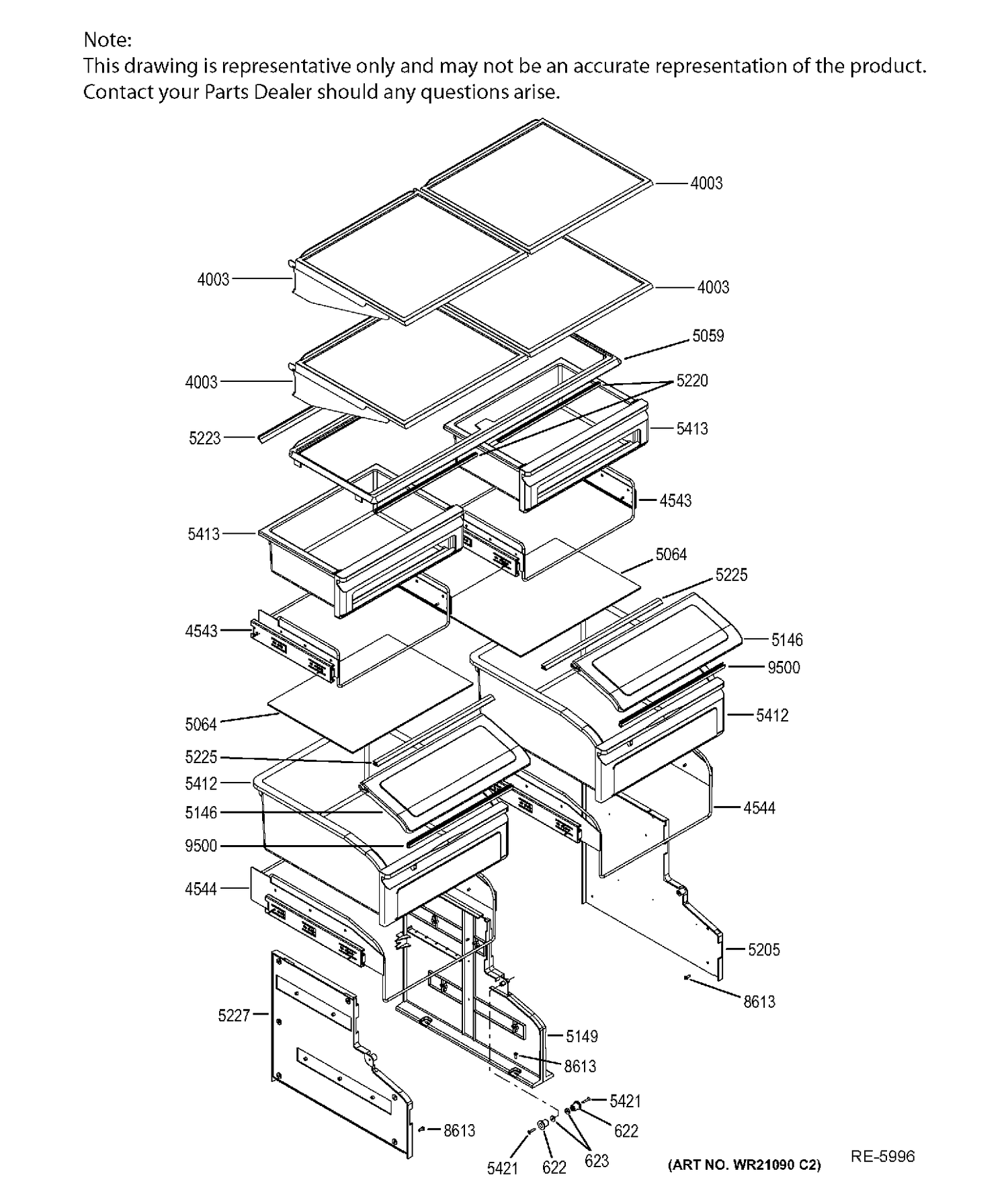 SHELVES & DRAWERS Diagram and Parts List for ZIC360NHBLH  General Electric Refrigerator