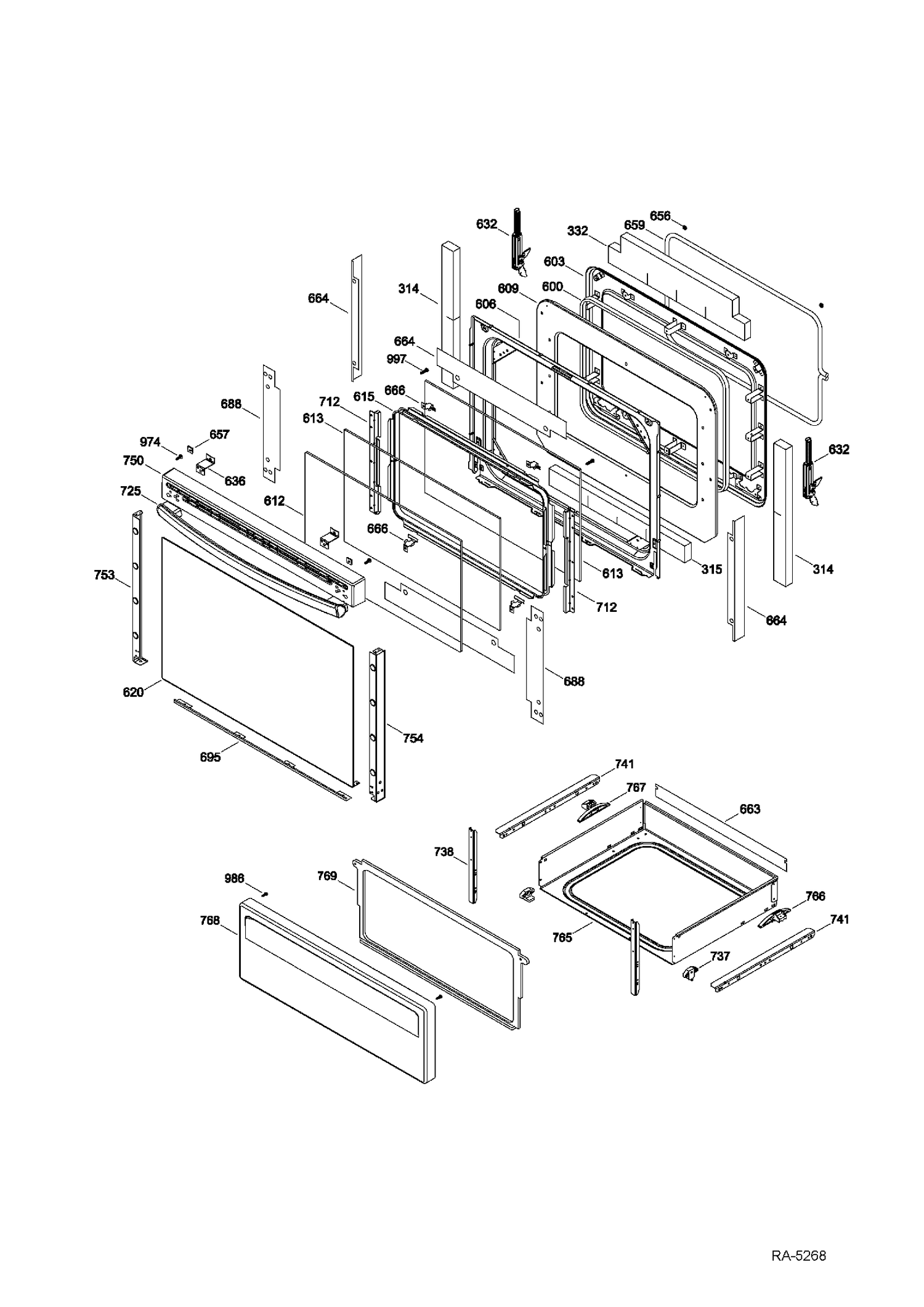 DOOR & DRAWER Diagram and Parts List for JCB730DF1WW  General Electric Range