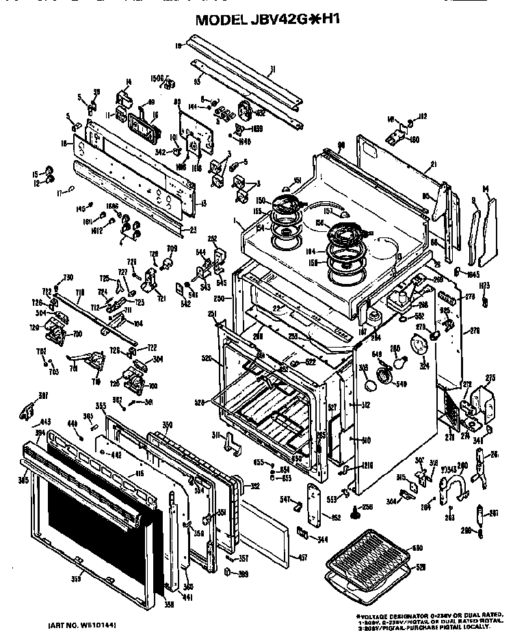 Main Body/cooktop/controls Diagram and Parts List for JBV42G*H1  General Electric Range